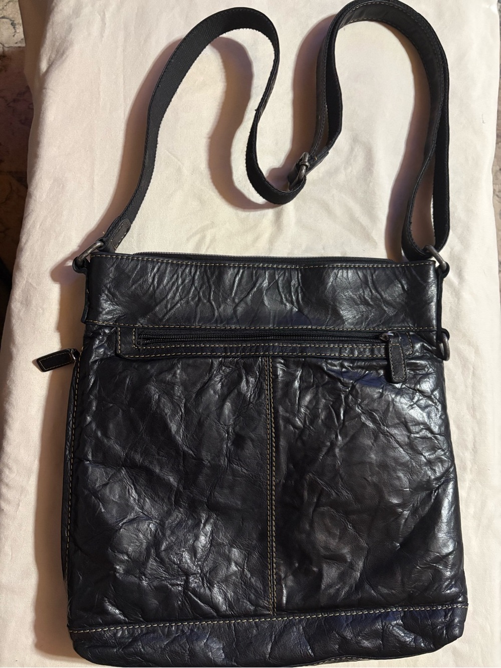 Jack George’s  Black Leather Crossbody with Front Zip Pocket.